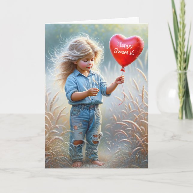 Young Girl With a Heart Balloon for 16th Birthday Card (Front)