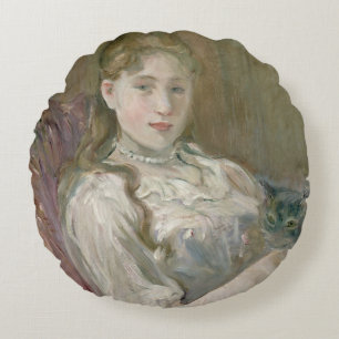 Young Girl with Cat, 1892 Round Cushion