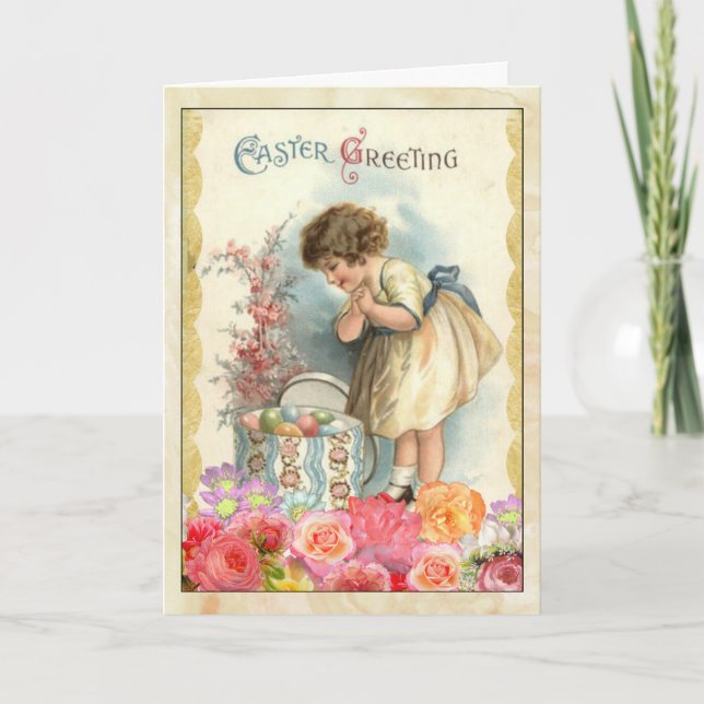 Young Girl with Easter Eggs Vintage Greeting Card (Front)