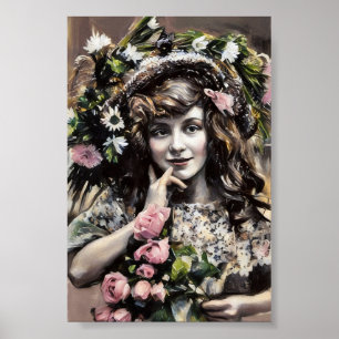 Young Girl with floral hat roses pastel drawing Poster