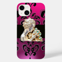 YOUNG GIRL WITH FLOWERS BLACK PINK DAMASK Amethyst