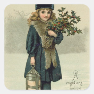 Young girl with Holly and Lantern Square Sticker