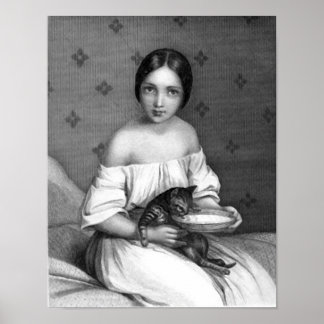 Young girl with kitten and bowl of milk poster