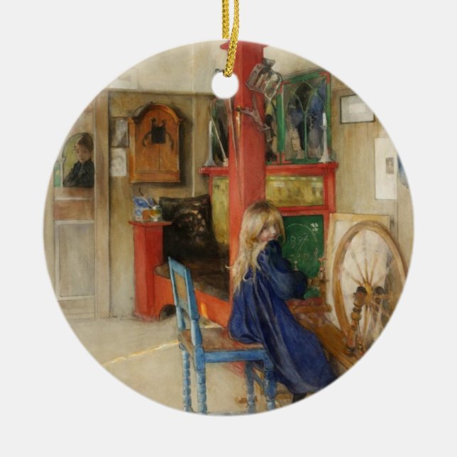 Young Girl with Spinning Wheel - Carl Larsson Ceramic Tree Decoration (Front)