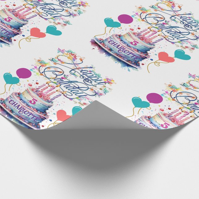 Young Girls Birthday Add Name Age Pretty Cake Wrapping Paper (Corner)
