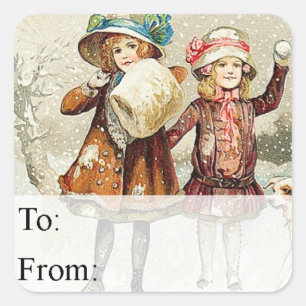 Young Girls In Snow Vintage Gift Tag