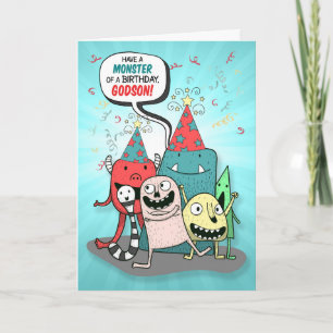 Young Godson Birthday Monsters Cartoon Style Holiday Card