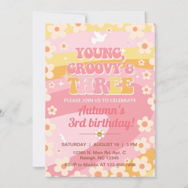 Young Groovy and Three girl 3rd birthday invite. Invitation (Front)