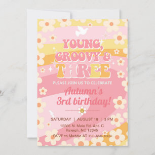 Young Groovy and Three girl 3rd birthday invite. Invitation