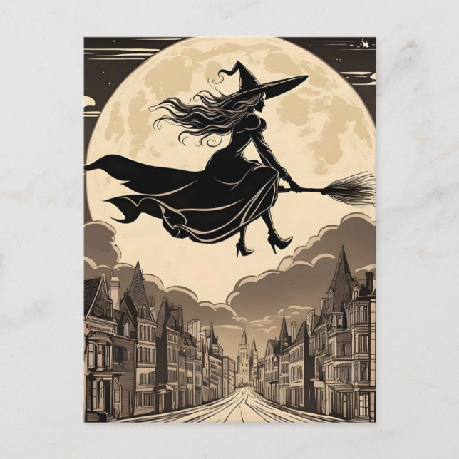 Young Halloween Witch Riding a Broom Over the City Postcard (Front)