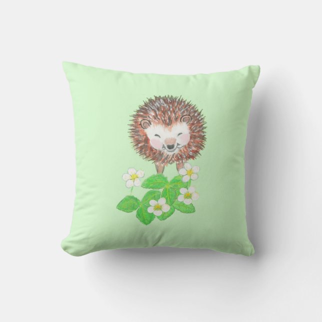 Young Hedgehog & Wild Strawberry Flowers Cushion (Front)