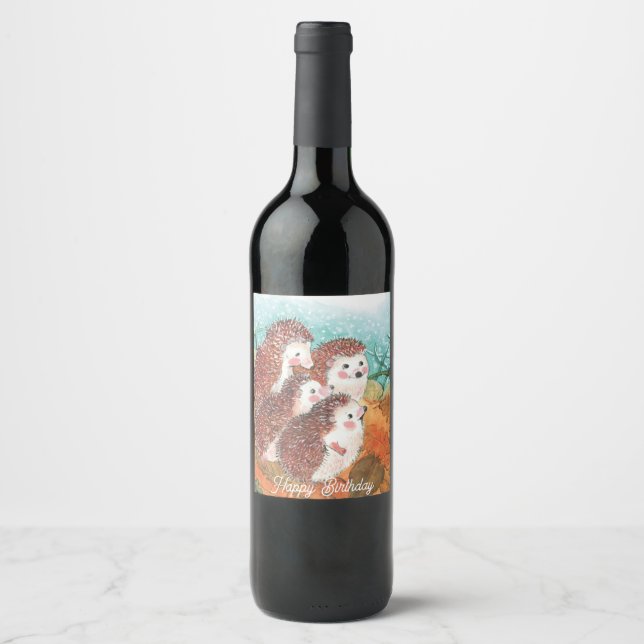 Young hedgehogs Happy Birthday  Wine Label (Front)