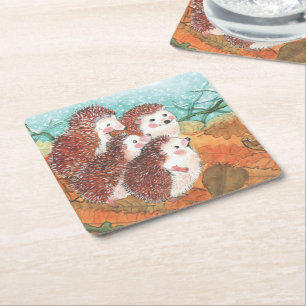 Young Hedgehogs Square Paper Coaster