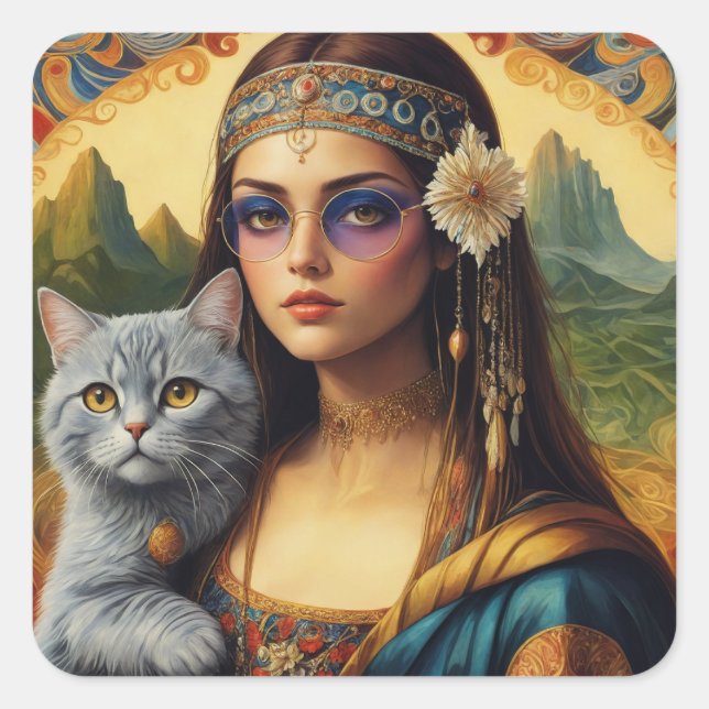 Young Hippie Mona Lisa and Her Grey Cat Square Sticker (Front)