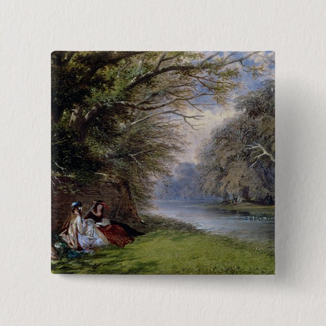 Young ladies by a river 15 cm square badge (Front)