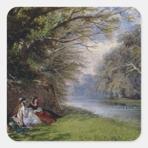 Young ladies by a river square sticker