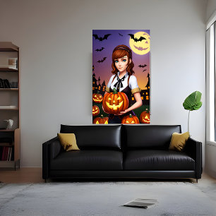 Young lady brown hair holding a pumpkin AI Art Poster