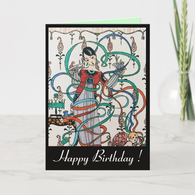 YOUNG LADY ,COLORFUL RIBBON SWIRLS,CUPID Birthday Card (Front)
