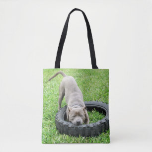 Young Male Staffy Playing With His Tyre, Tote Bag