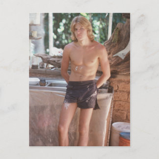 Young man in shorts postcard