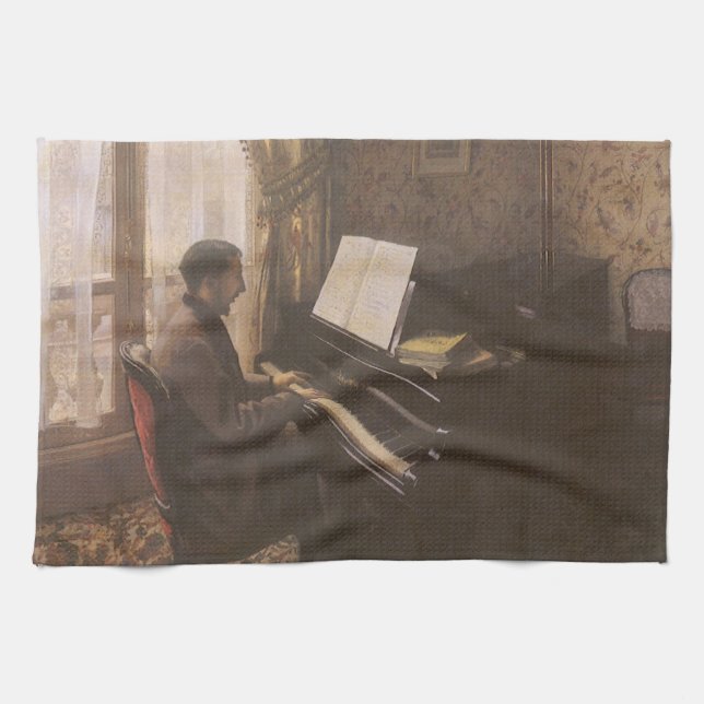Young Man Playing the Piano by Gustave Caillebotte Tea Towel (Horizontal)