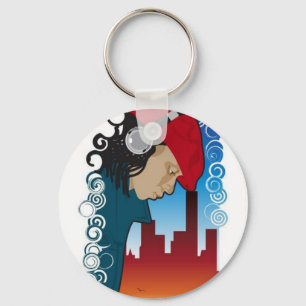 Young Man Wearing Headphones Key Chain