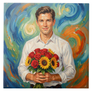 Young Man with Bouquet Retro Style Painting Tile