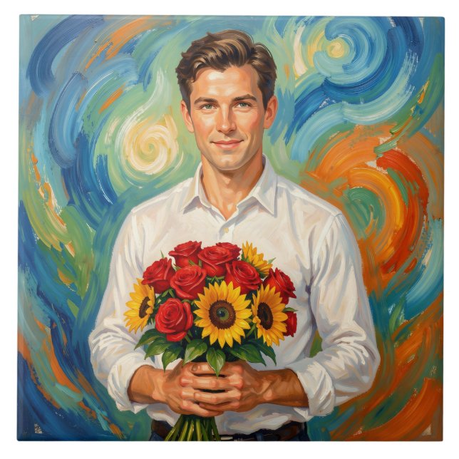 Young Man with Bouquet Retro Style Painting Tile (Front)