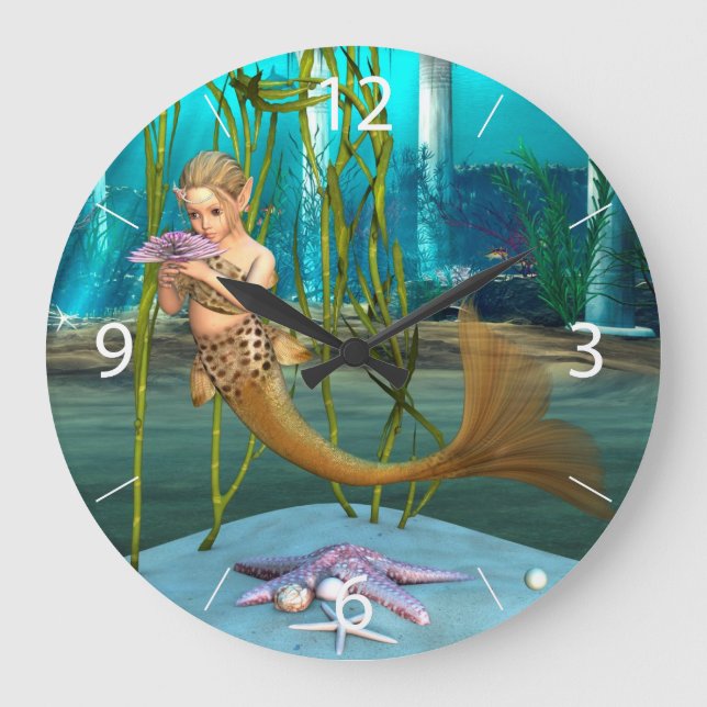 Young Mermaid Underwater Fantasy for Kids Large Clock (Front)