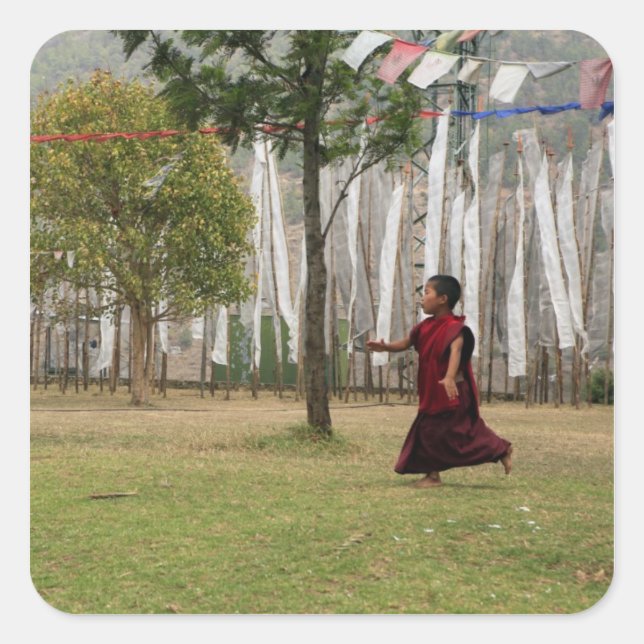 Young monk and prayer flags square sticker (Front)