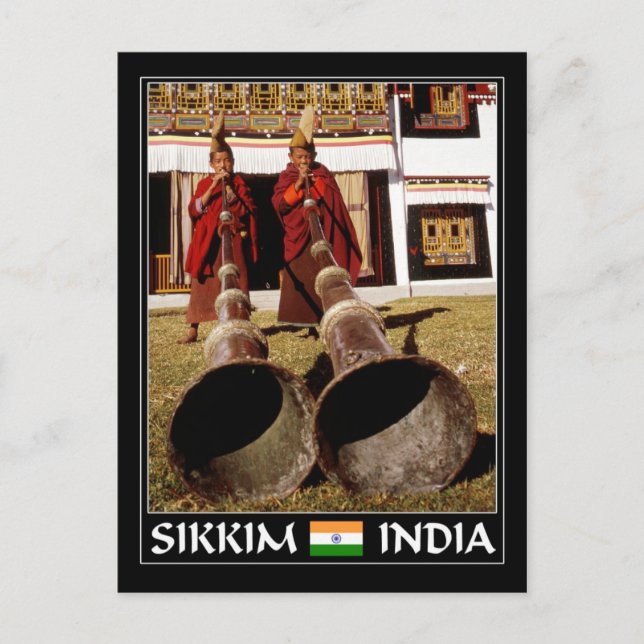 Young monks blowing gyalings in Sakkim, India Postcard (Front)