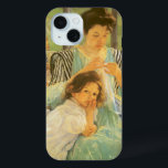 Young Mother Sewing by Mary Cassatt, Vintage Art iPhone 15 Case<br><div class="desc">Young Mother Sewing (c. 1900) by Mary Cassatt is a vintage impressionism fine art family portrait painting. A girl, her daughter, is leaning on her lap. A vase with a bouquet of flowers is on a table behind them. A mum mending some clothes with a child. About the artist: Mary...</div>