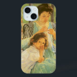 Young Mother Sewing by Mary Cassatt, Vintage Art iPhone 15 Case<br><div class="desc">Young Mother Sewing (c. 1900) by Mary Cassatt is a vintage impressionism fine art family portrait painting. A girl, her daughter, is leaning on her lap. A vase with a bouquet of flowers is on a table behind them. A mum mending some clothes with a child. About the artist: Mary...</div>