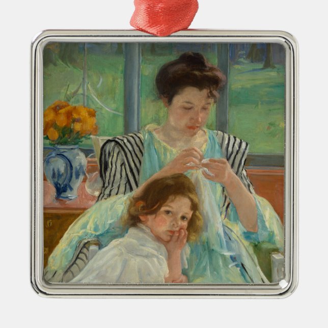 Young Mother Sewing Metal Tree Decoration (Front)
