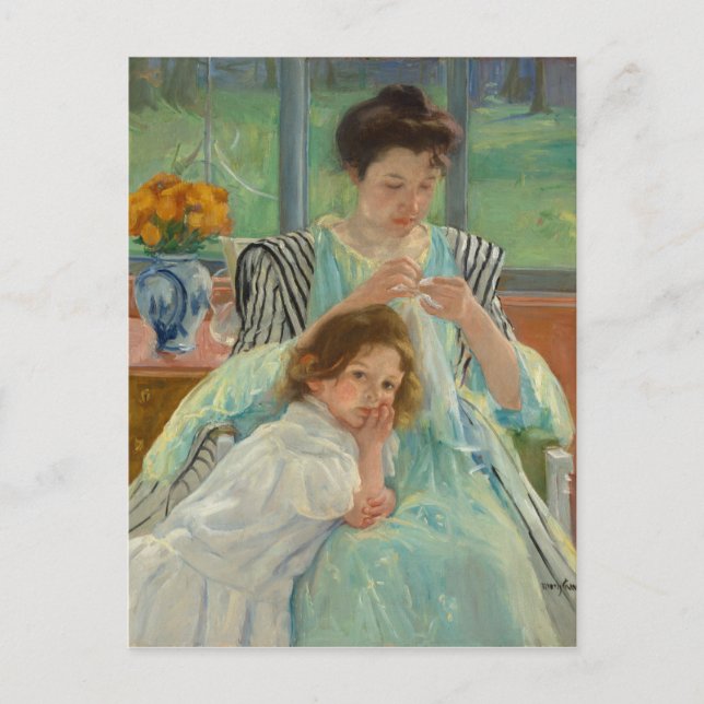 Young Mother Sewing Postcard (Front)
