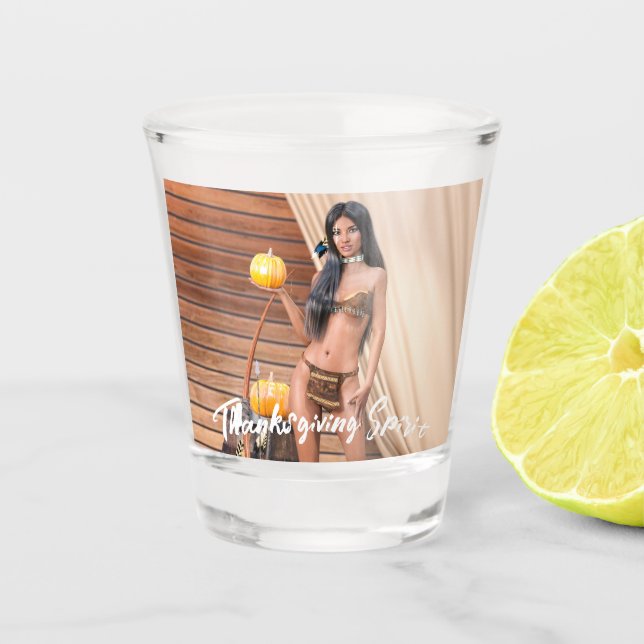 Young Native American Posing on Wood Wall Shot Glass (Front)
