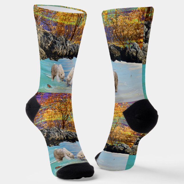 Young Polar Bears Fishing, Crew Socks (Angled)