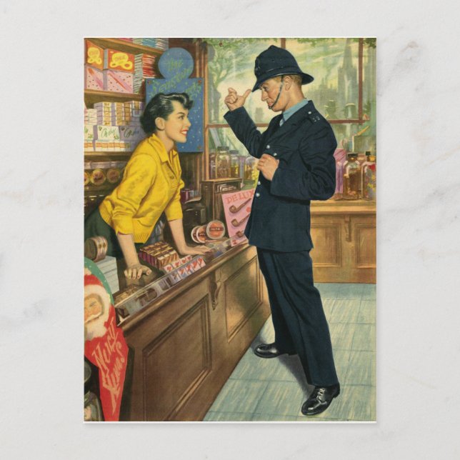 Young policeman is flirting with shopgirl postcard (Front)