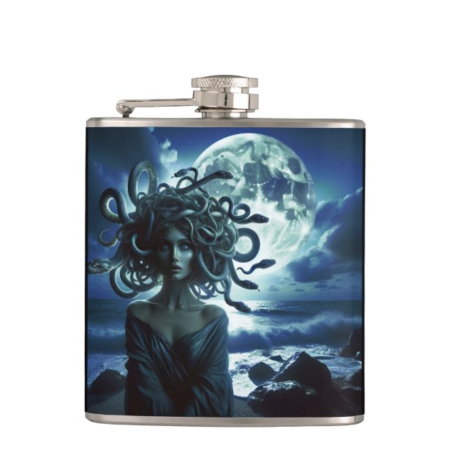 Young Pretty Medusa by the Moon & Ocean Hip Flask (Front)