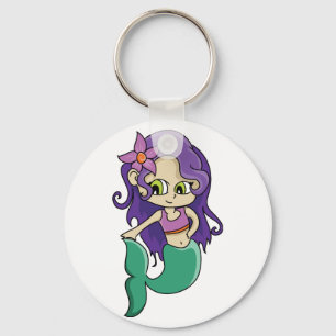 Young Purple Haired Mermaid with Big Green Eyes Key Ring