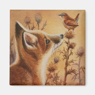 Young Red Fox & Carolina Wren Bird Watercolor Art Magnet