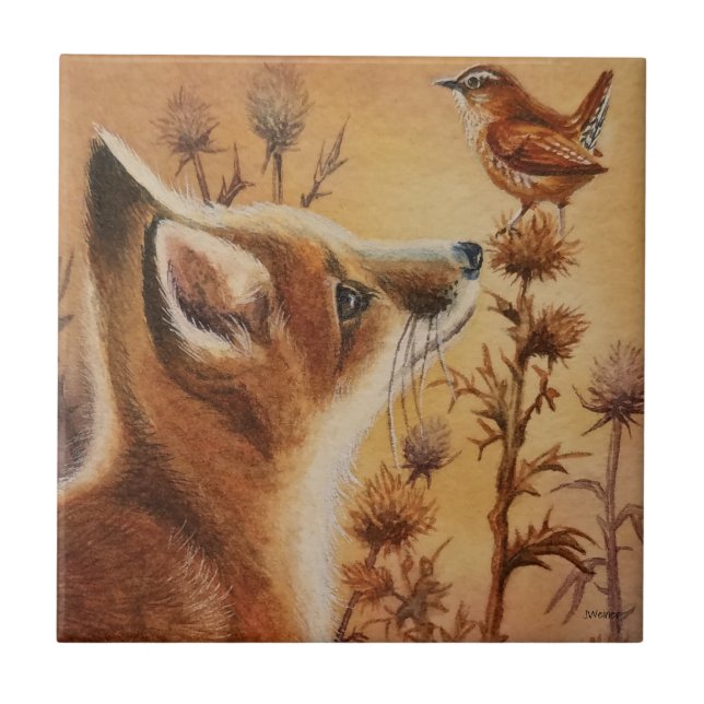 Young Red Fox Carolina Wren Bird Watercolor Art Tile (Front)