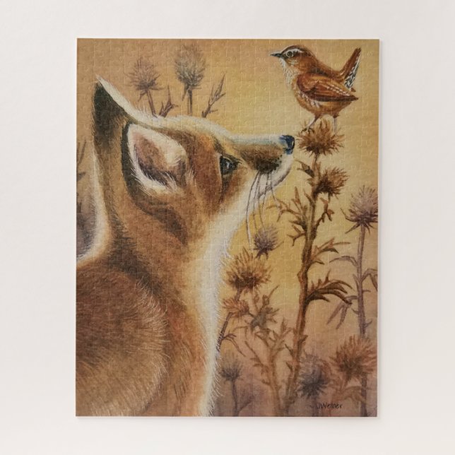 Young Red Fox & Carolina Wren Watercolor Art Jigsaw Puzzle (Vertical)