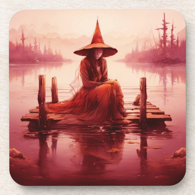 Young Red Witch Sits On Broken Pier Coaster (Front)