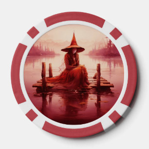 Young Red Witch Sits On Broken Pier Poker Chips