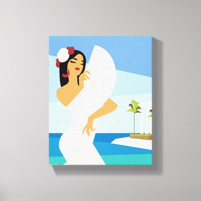 Young Spanish Lady posing with fan in ocean coast Canvas Print (Front)