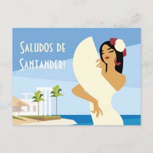 Young Spanish Lady posing with fan in ocean coast Postcard