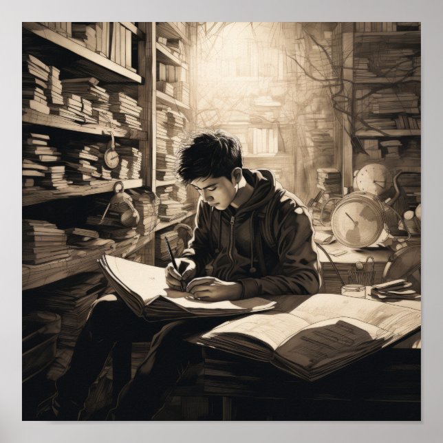 Young Student Immersed in Library: Inspiring Poste Poster (Front)