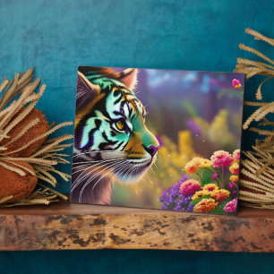 Young Tiger and Colourful Flowers Plaque