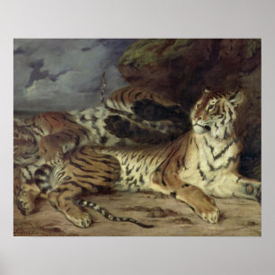 Young tiger playing with his mother, 1830 (oil on poster